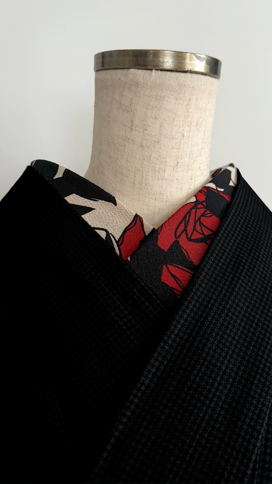 半衿 レトロモダン ちりめん 砂色に深緋の夢二薔薇 縮緬 半襟