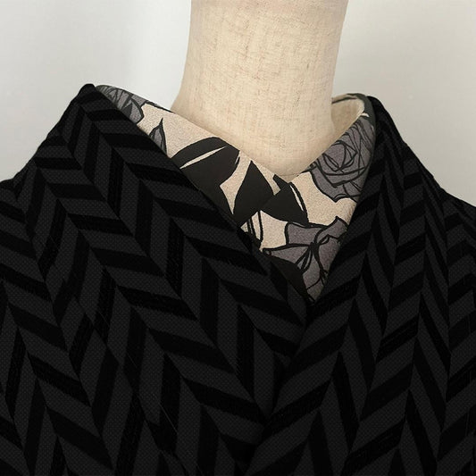 半衿 レトロモダン ちりめん 砂色に鈍色の夢二薔薇 縮緬 半襟 洗える