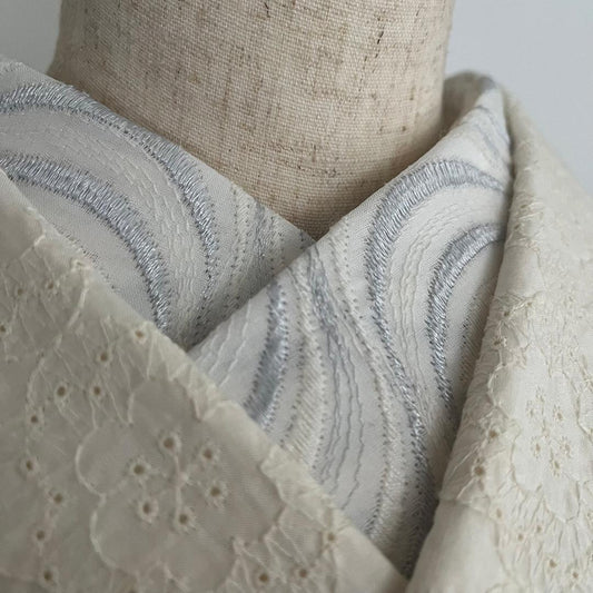 【七緒掲載商品】半衿 流線の銀刺繍 コットンレース 流水 たてわく 立湧 立涌 半襟 白 洗える