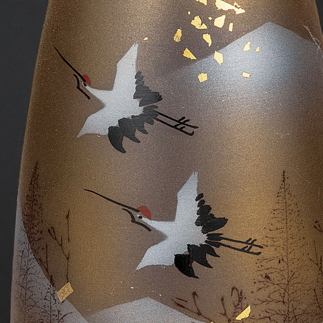 Kutani Ware Vase – Cranes in Winter Forest with Gold Leaf | 8.5" Japanese Porcelain Art Vase