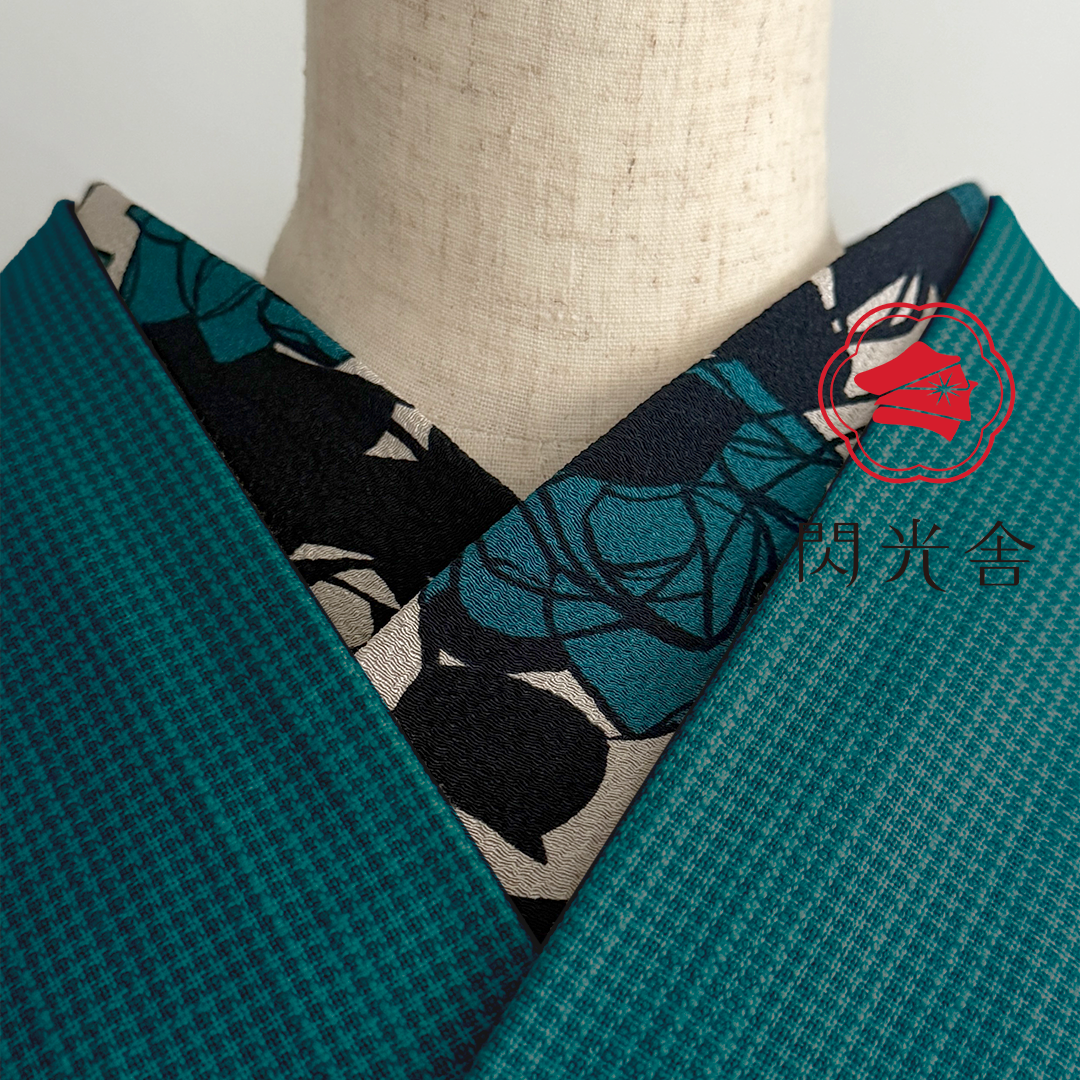 半衿 レトロモダン ちりめん 砂色に濃浅葱の夢二薔薇 縮緬 半襟