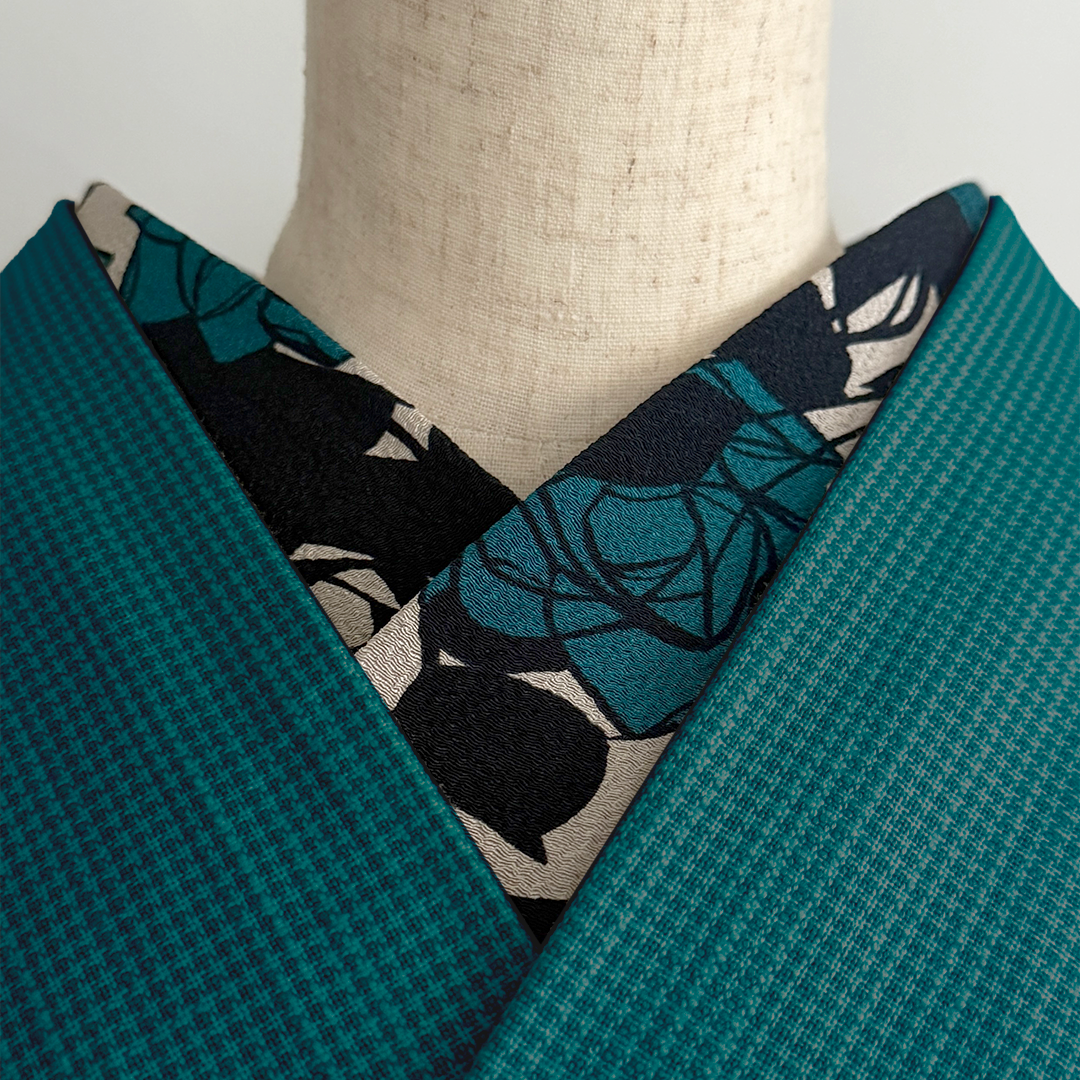 半衿 レトロモダン ちりめん 砂色に濃浅葱の夢二薔薇 縮緬 半襟