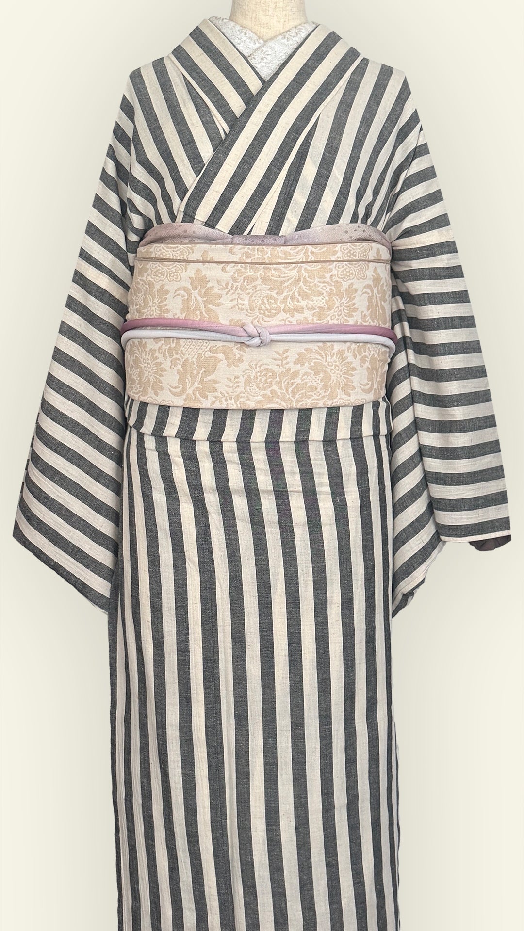 【訳あり】兵児帯 大人のへこ帯 ダマスク ベージュ リバーシブル 名古屋帯