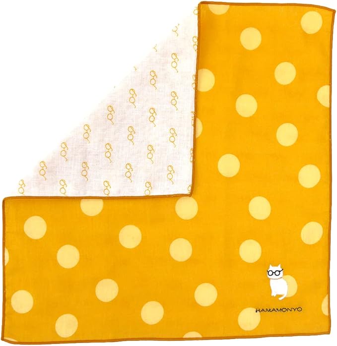 [Hamamonyo] Reversible Gauze Handkerchief – Polka Dots & Cat Glasses (Made in Japan)