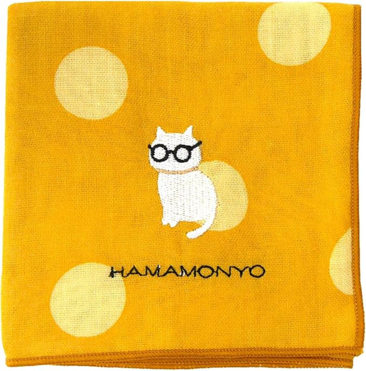 [Hamamonyo] Reversible Gauze Handkerchief – Polka Dots & Cat Glasses (Made in Japan)