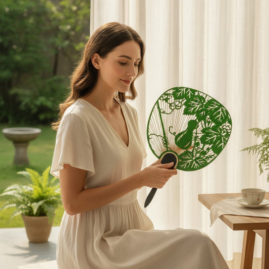 Kyoto Cut-Work Fan｜Hyōtan Gourd Breeze – Green / Blue