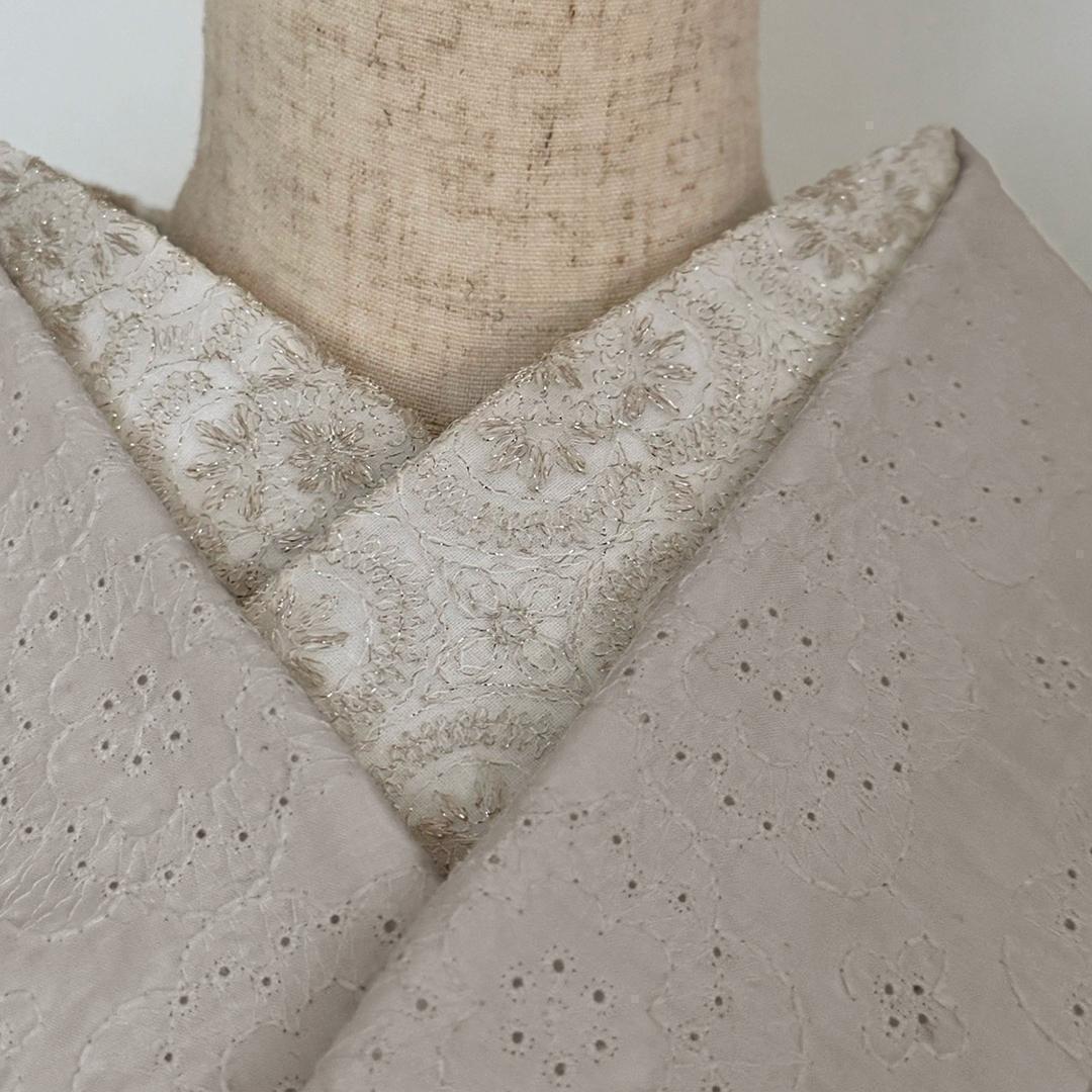 【訳あり】半衿 雪華の刺繍 レース半襟 シャンパン かわいい 金糸 オールシーズン 夏も